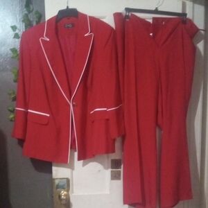 Red Blazer and Pants Set with White Trim